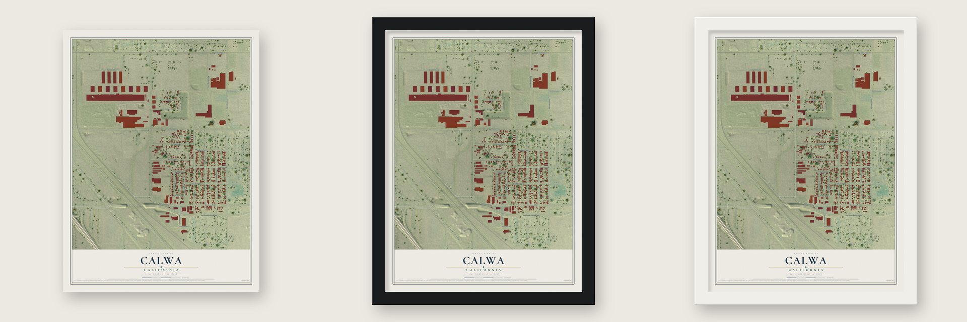 Calwa, California map unframed, in a black wood frame and in a white wood frame