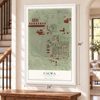 Calwa, California map, 24 x 36 inch print in a white frame by a staircase