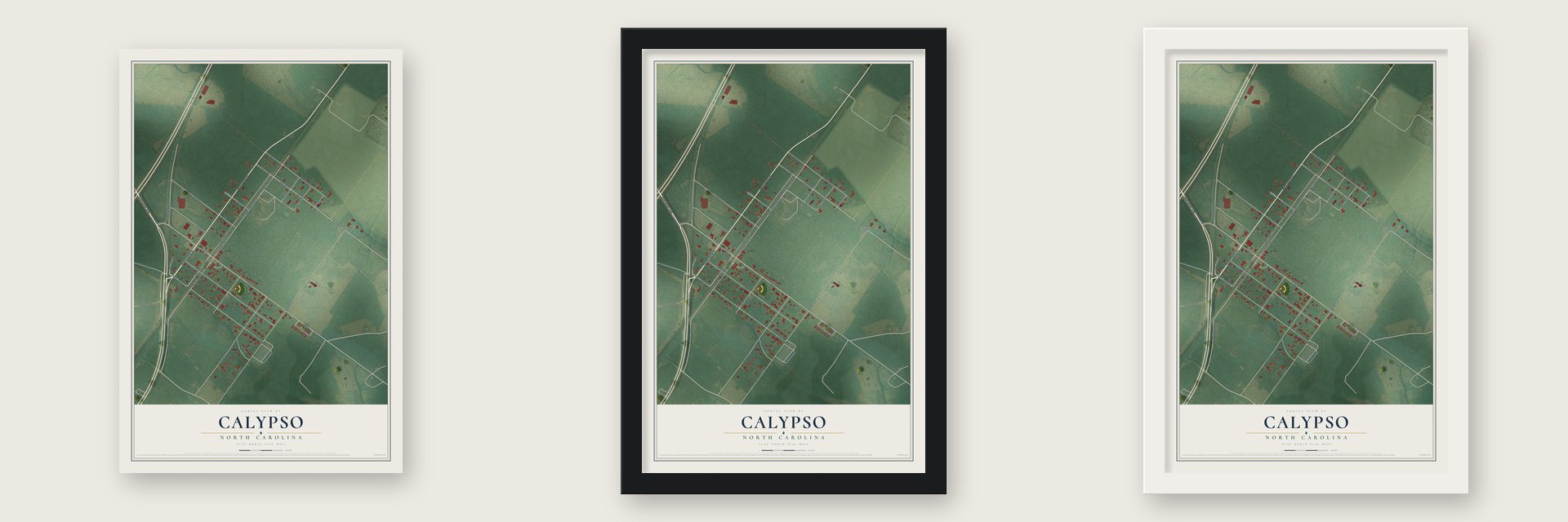Calypso, North Carolina map unframed, in a black wood frame and in a white wood frame