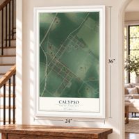 Calypso, North Carolina map, 24 x 36 inch print in a white frame by a staircase