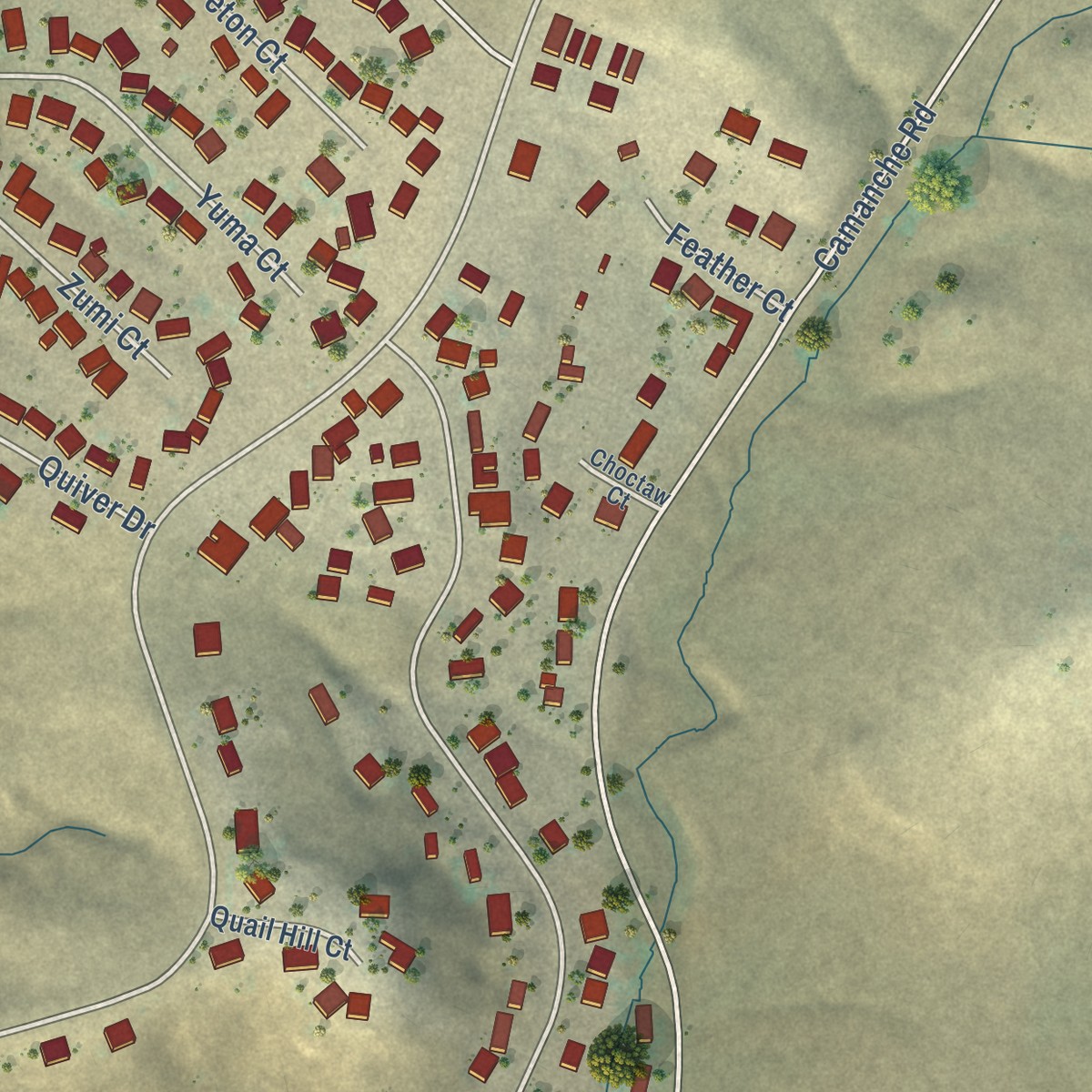 Second close-up of the map of Camanche North Shore, California print showing more streets and buildings
