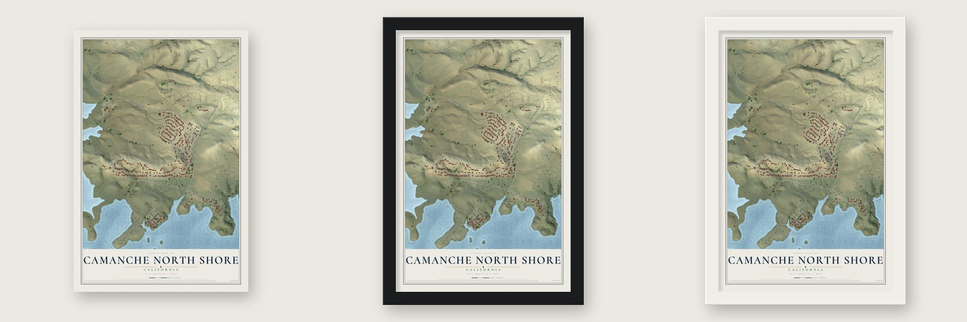 Camanche North Shore, California map unframed, in a black wood frame and in a white wood frame