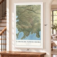 Camanche North Shore, California map, 24 x 36 inch print in a white frame by a staircase