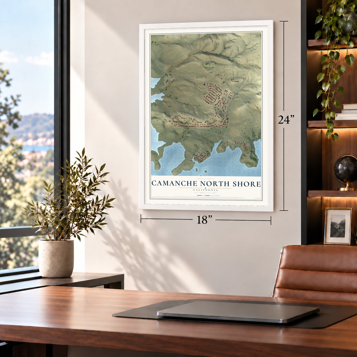 Camanche North Shore, California map, 18 x 24 inch print in a white frame in a home office