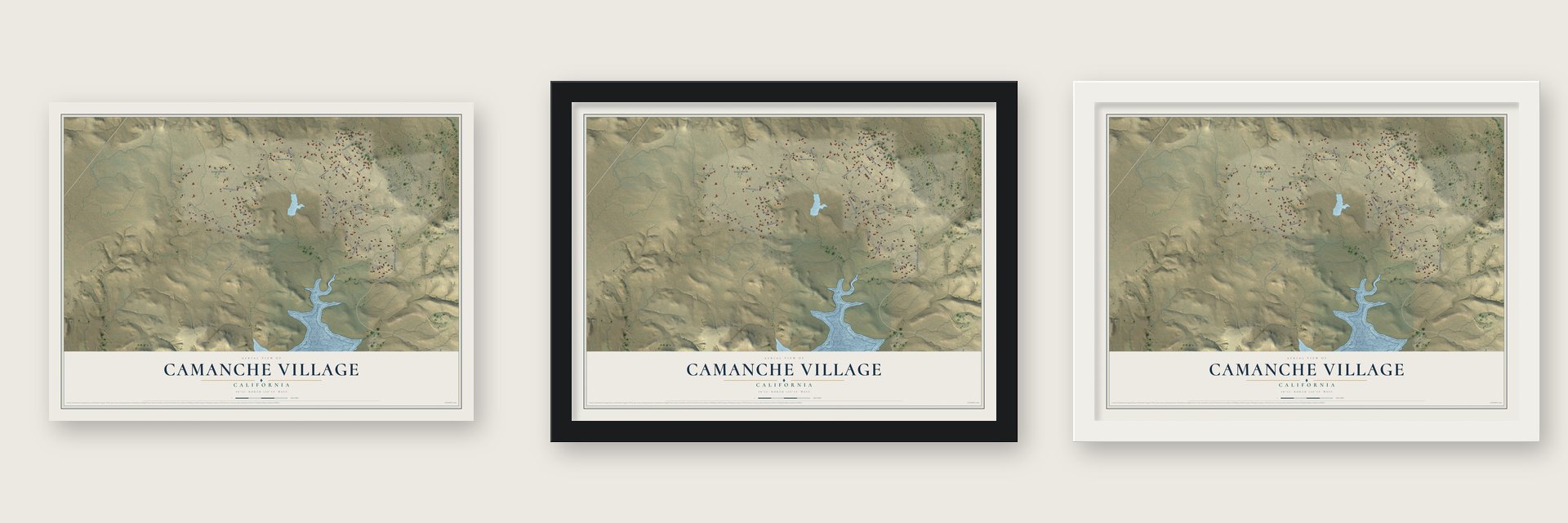 Camanche Village, California map unframed, in a black wood frame and in a white wood frame