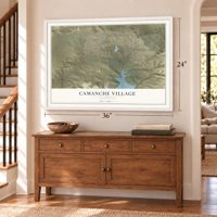 Camanche Village, California map, 24 x 36 inch print in a white frame above a dresser by a staircase