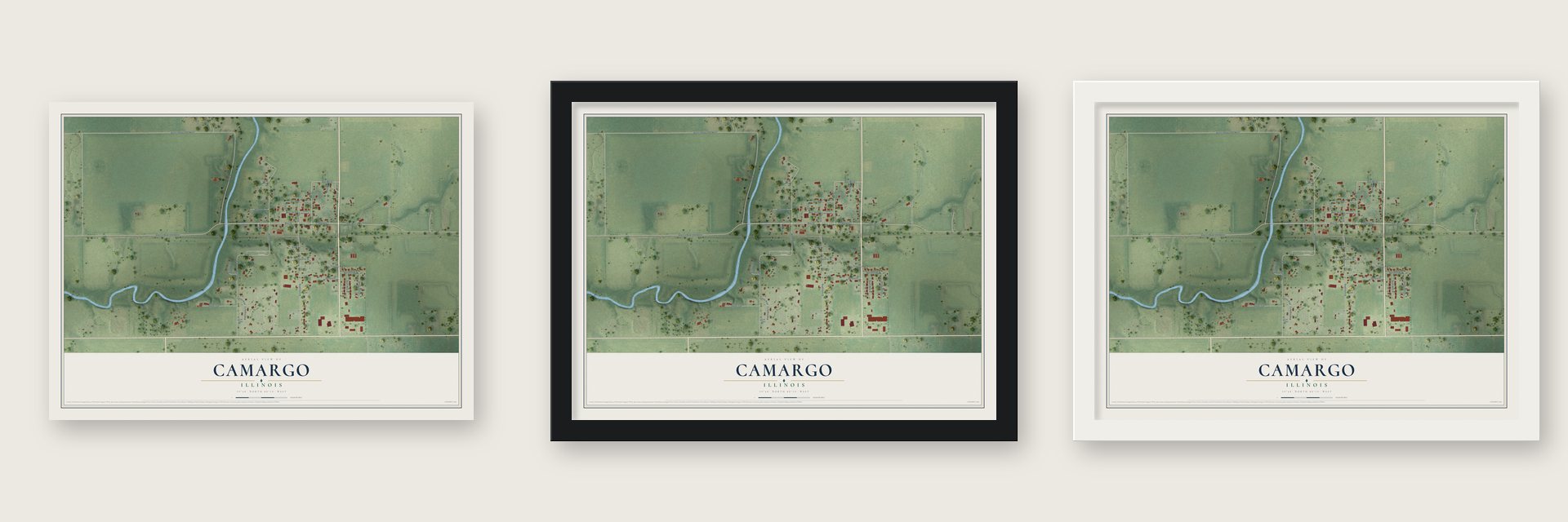 Camargo, Illinois map unframed, in a black wood frame and in a white wood frame