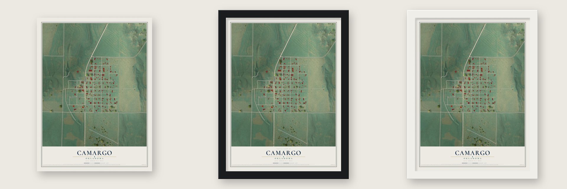 Camargo, Oklahoma map unframed, in a black wood frame and in a white wood frame
