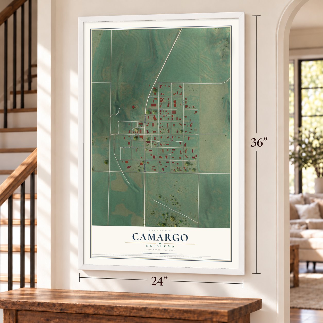 Camargo, Oklahoma map, 24 x 36 inch print in a white frame by a staircase