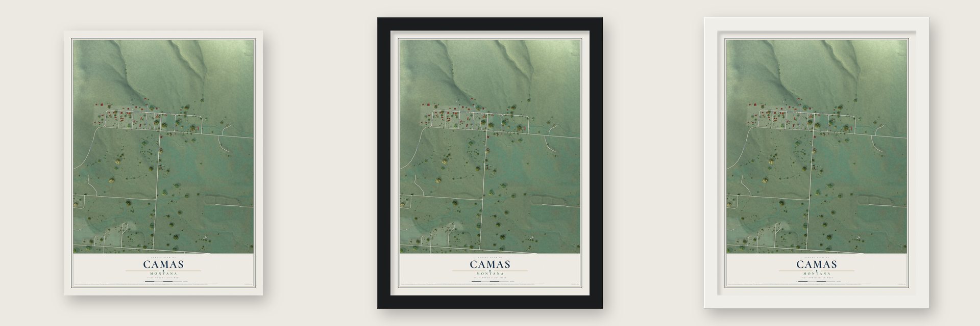 Camas, Montana map unframed, in a black wood frame and in a white wood frame