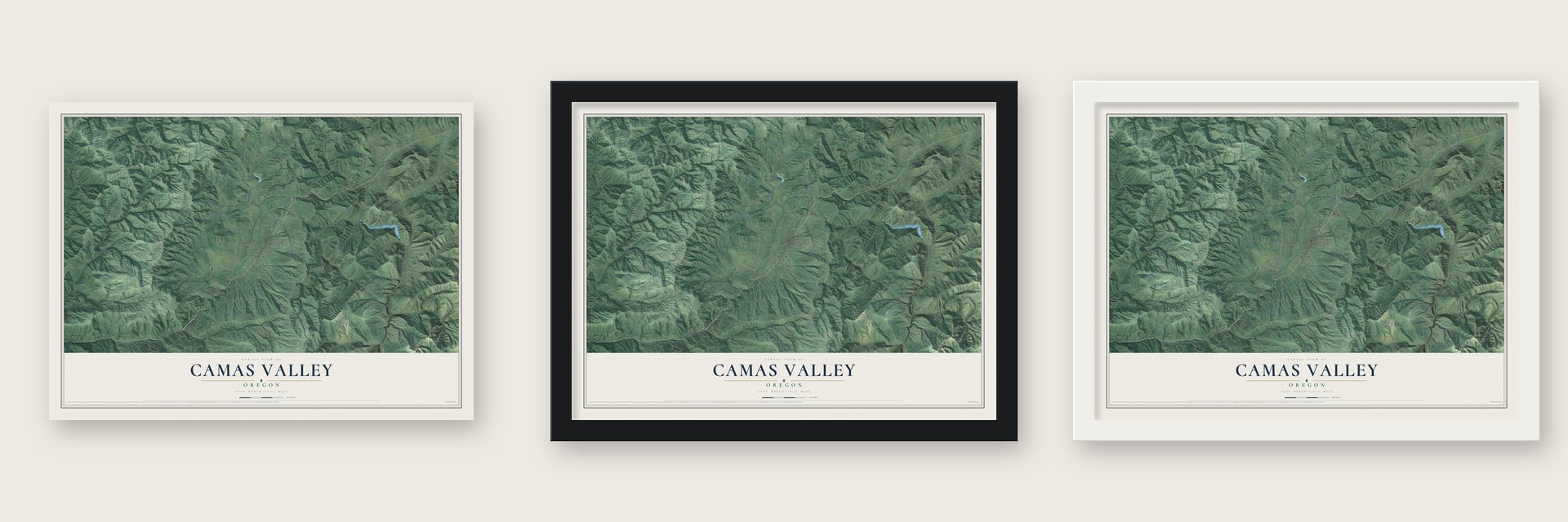 Camas Valley, Oregon map unframed, in a black wood frame and in a white wood frame
