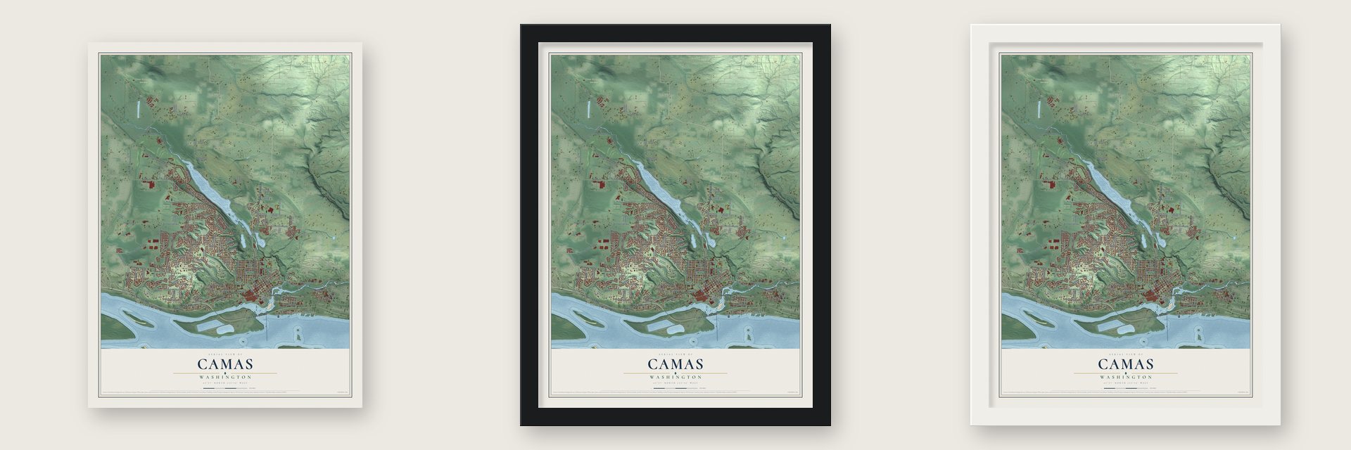 Camas, Washington map unframed, in a black wood frame and in a white wood frame