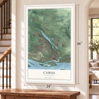 Camas, Washington map, 24 x 36 inch print in a white frame by a staircase