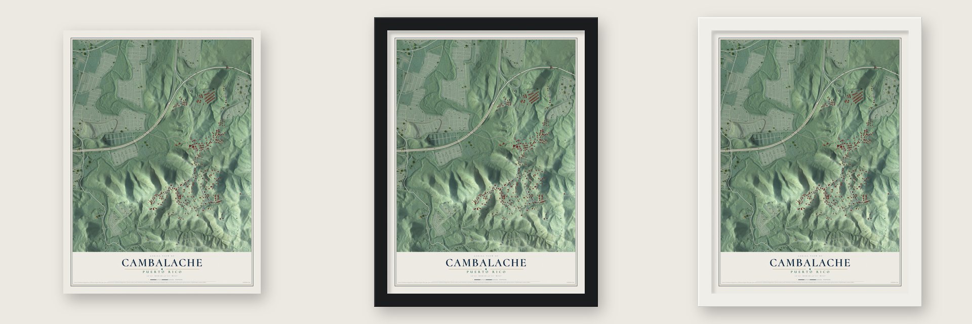 Cambalache, Puerto Rico map unframed, in a black wood frame and in a white wood frame