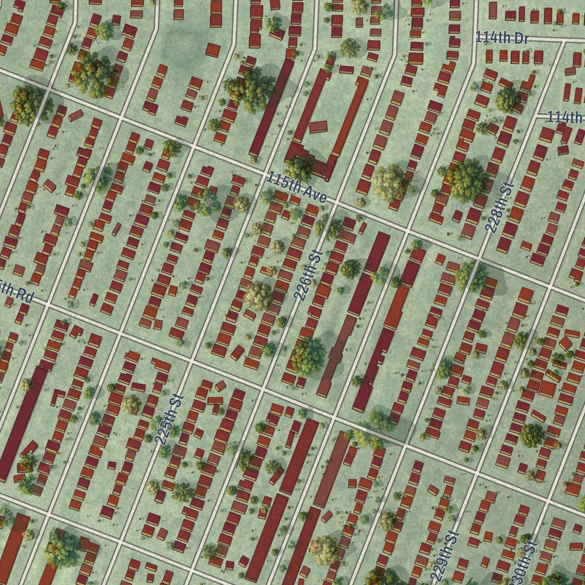 Second close-up of the map of Cambria Heights, New York print showing more streets and buildings