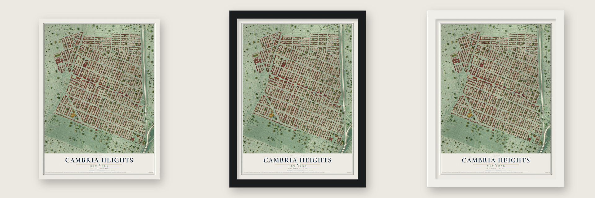 Cambria Heights, New York map unframed, in a black wood frame and in a white wood frame