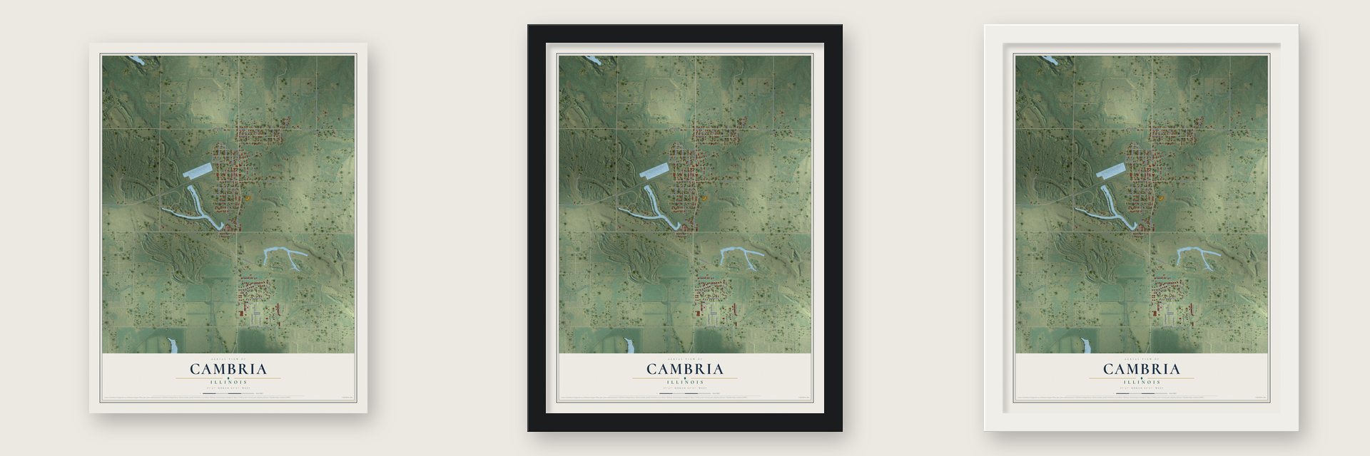Cambria, Illinois map unframed, in a black wood frame and in a white wood frame