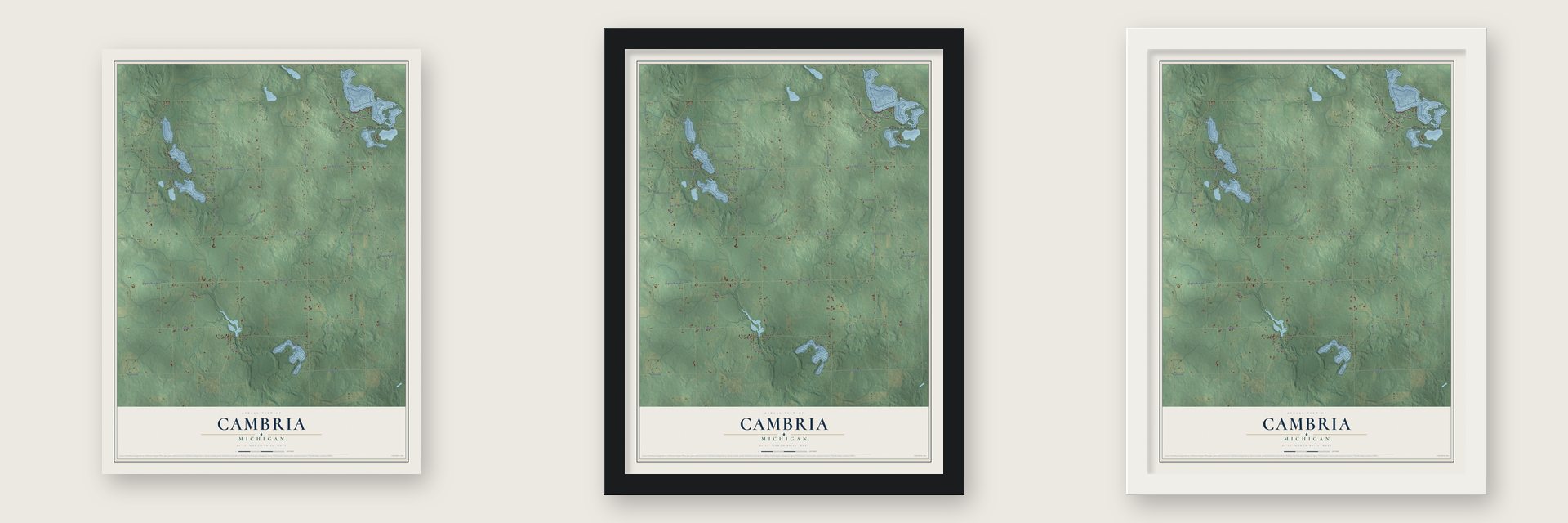 Cambria, Michigan map unframed, in a black wood frame and in a white wood frame