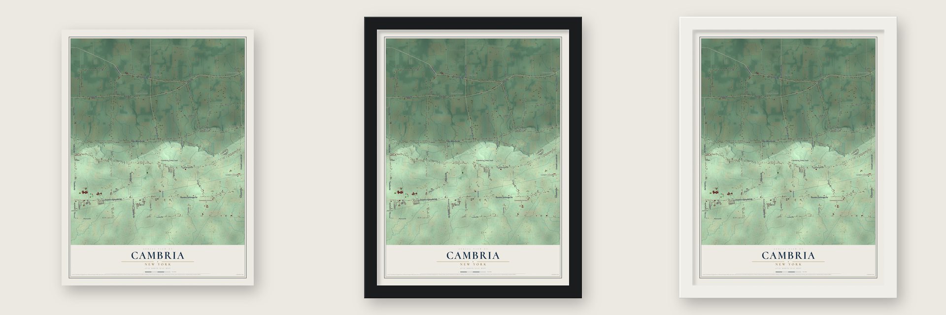 Cambria, New York map unframed, in a black wood frame and in a white wood frame