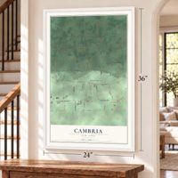 Cambria, New York map, 24 x 36 inch print in a white frame by a staircase