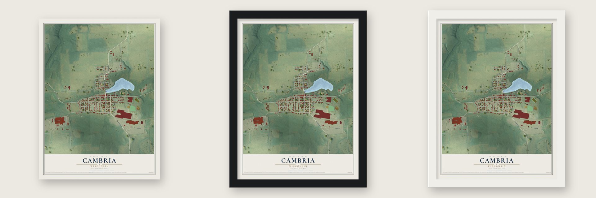 Cambria, Wisconsin map unframed, in a black wood frame and in a white wood frame