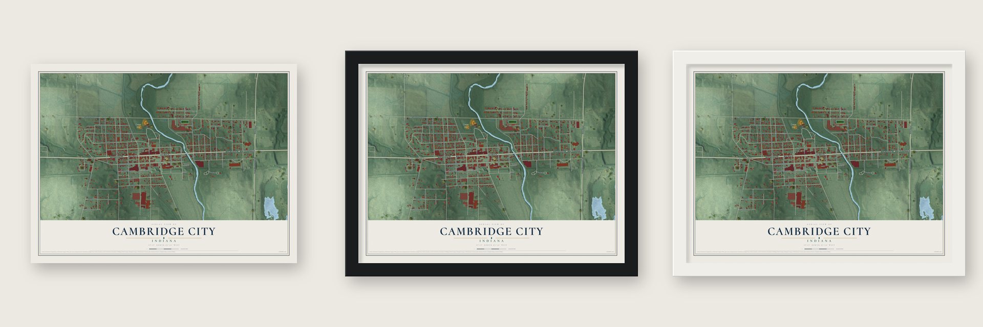 Cambridge City, Indiana map unframed, in a black wood frame and in a white wood frame