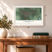 Cambridge City, Indiana map, 12 x 18 inch print in a white frame in an entryway
