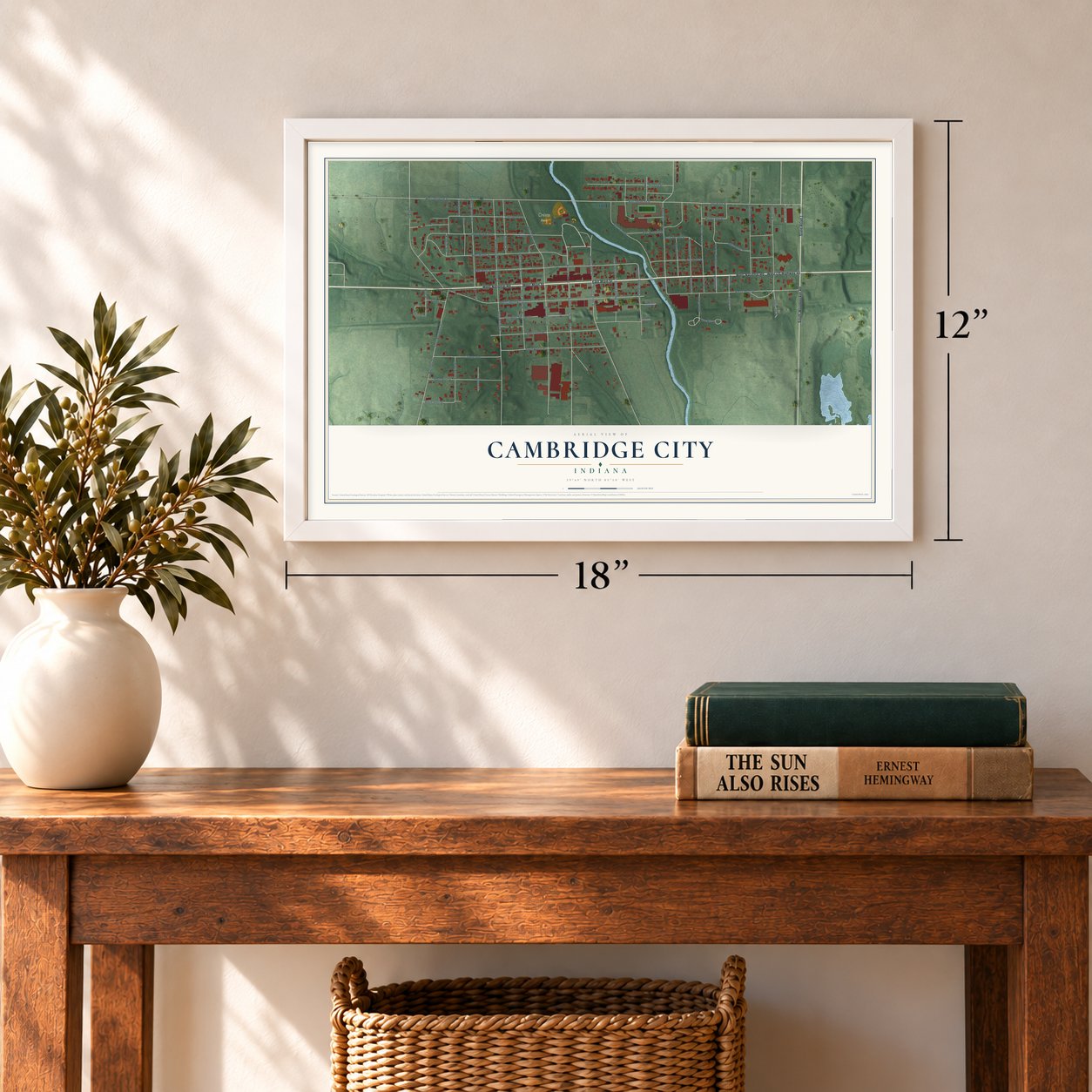 Cambridge City, Indiana map, 12 x 18 inch print in a white frame in an entryway