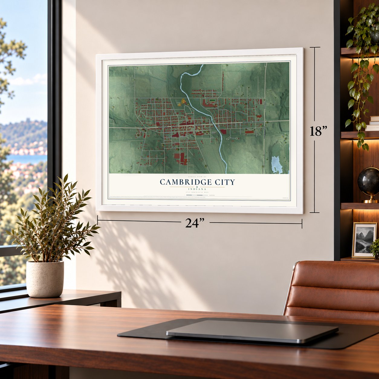 Cambridge City, Indiana map, 18 x 24 inch print in a white frame in a home office