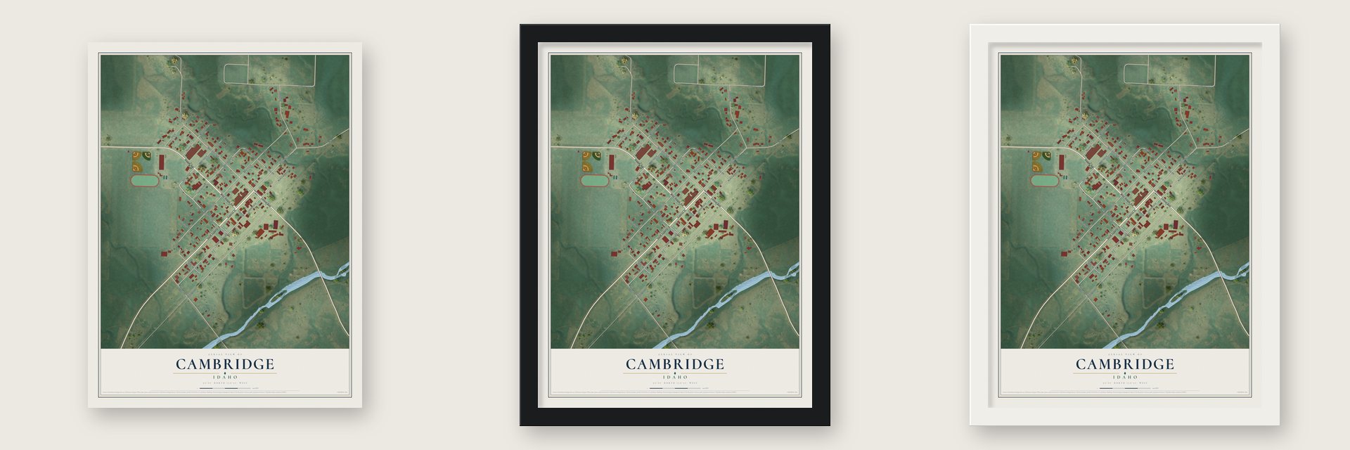 Cambridge, Idaho map unframed, in a black wood frame and in a white wood frame