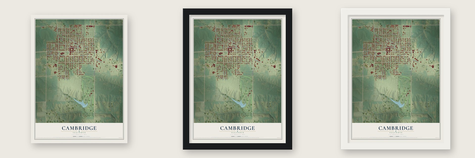 Cambridge, Illinois map unframed, in a black wood frame and in a white wood frame