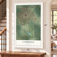 Cambridge, Illinois map, 24 x 36 inch print in a white frame by a staircase