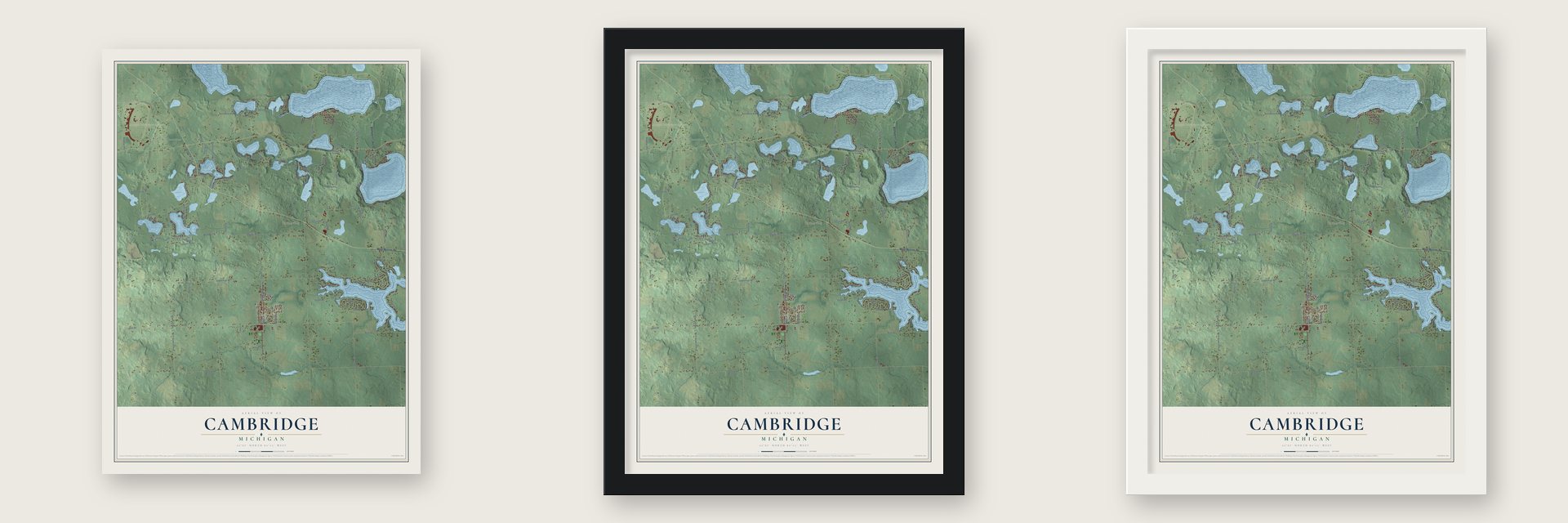 Cambridge, Michigan map unframed, in a black wood frame and in a white wood frame