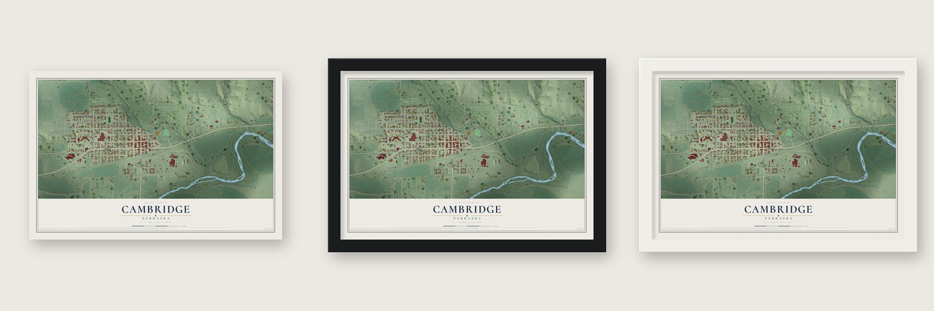 Cambridge, Nebraska map unframed, in a black wood frame and in a white wood frame