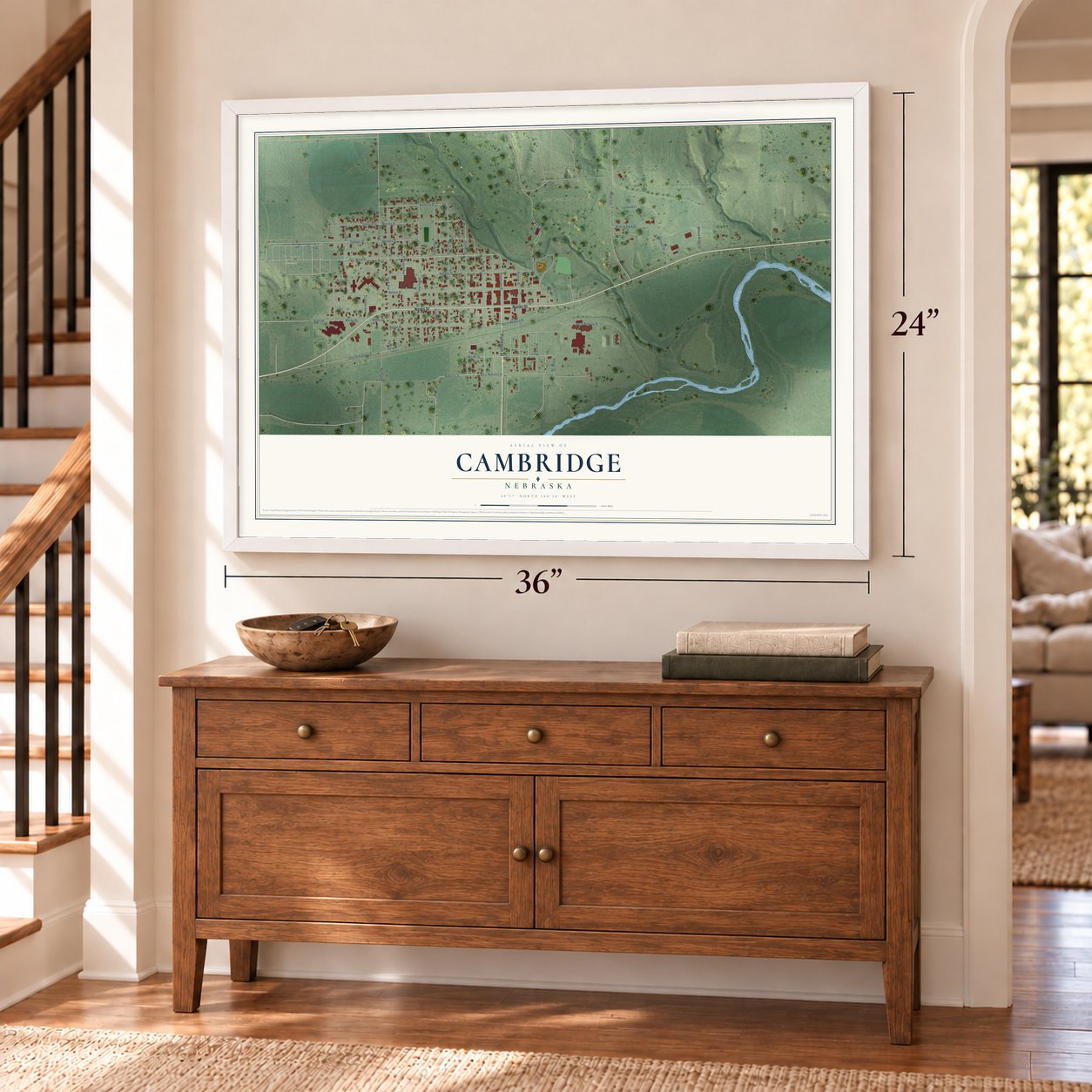 Cambridge, Nebraska map, 24 x 36 inch print in a white frame above a dresser by a staircase