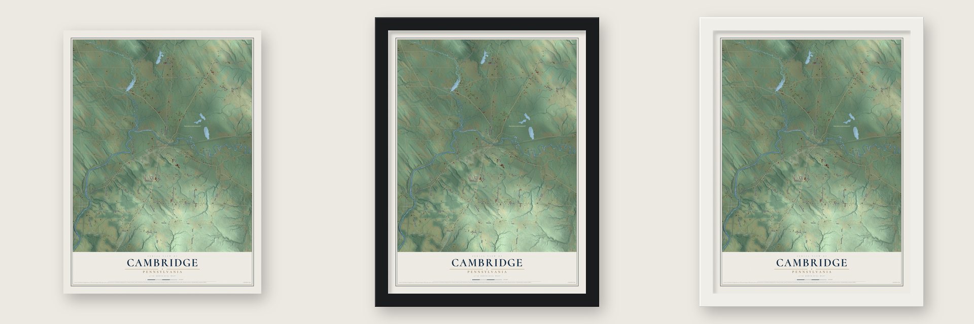 Cambridge, Pennsylvania map unframed, in a black wood frame and in a white wood frame