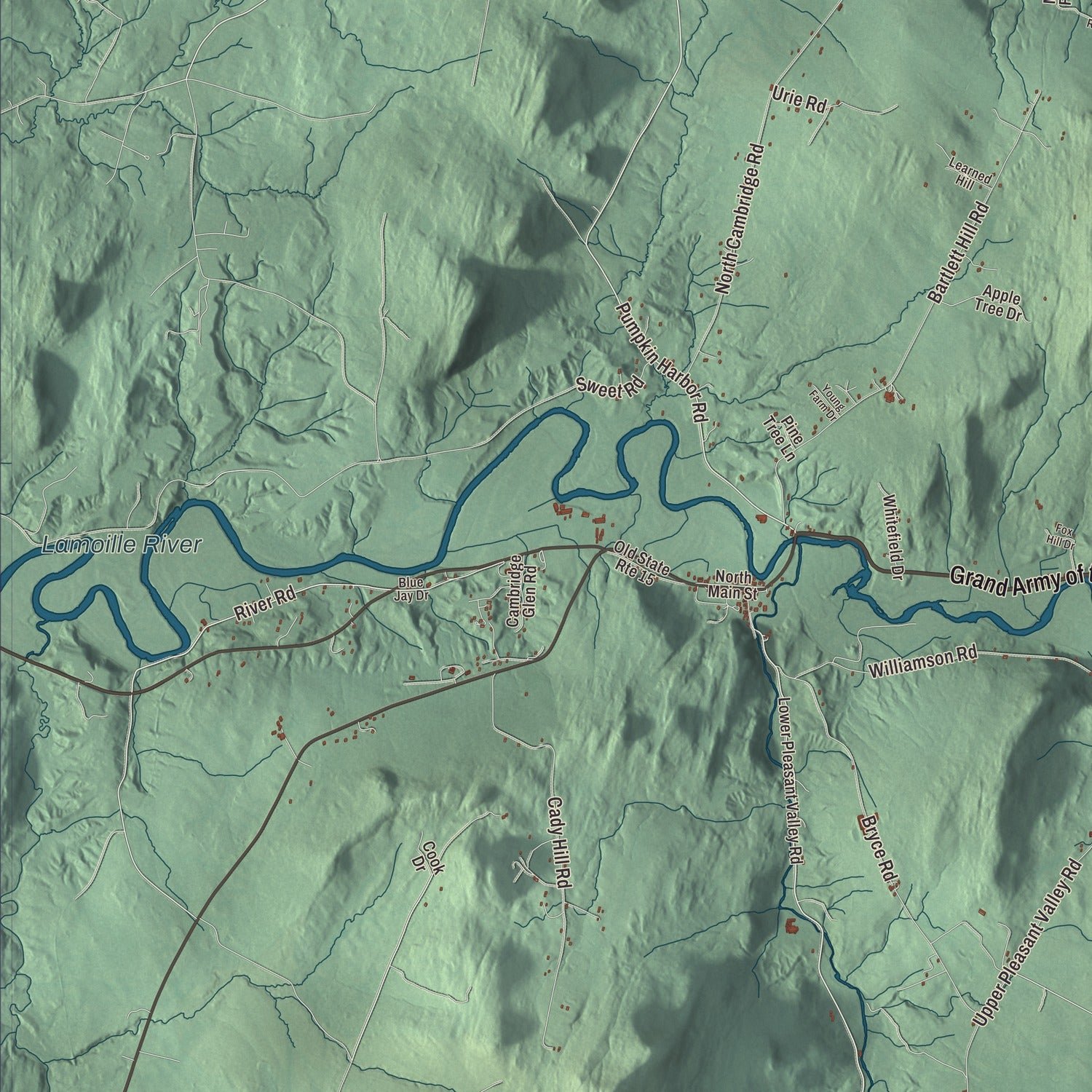 Close-up of the map of Cambridge, Vermont print showing terrain and local geography