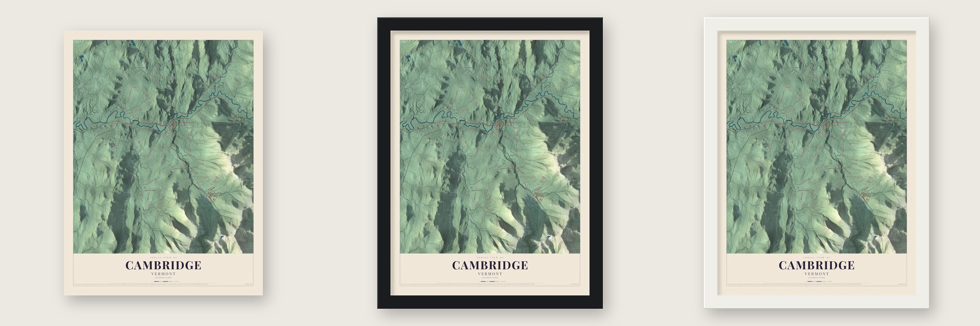 Cambridge, Vermont map unframed, in a black wood frame and in a white wood frame