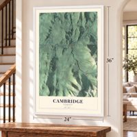 Cambridge, Vermont map, 24 x 36 inch print in a white frame by a staircase