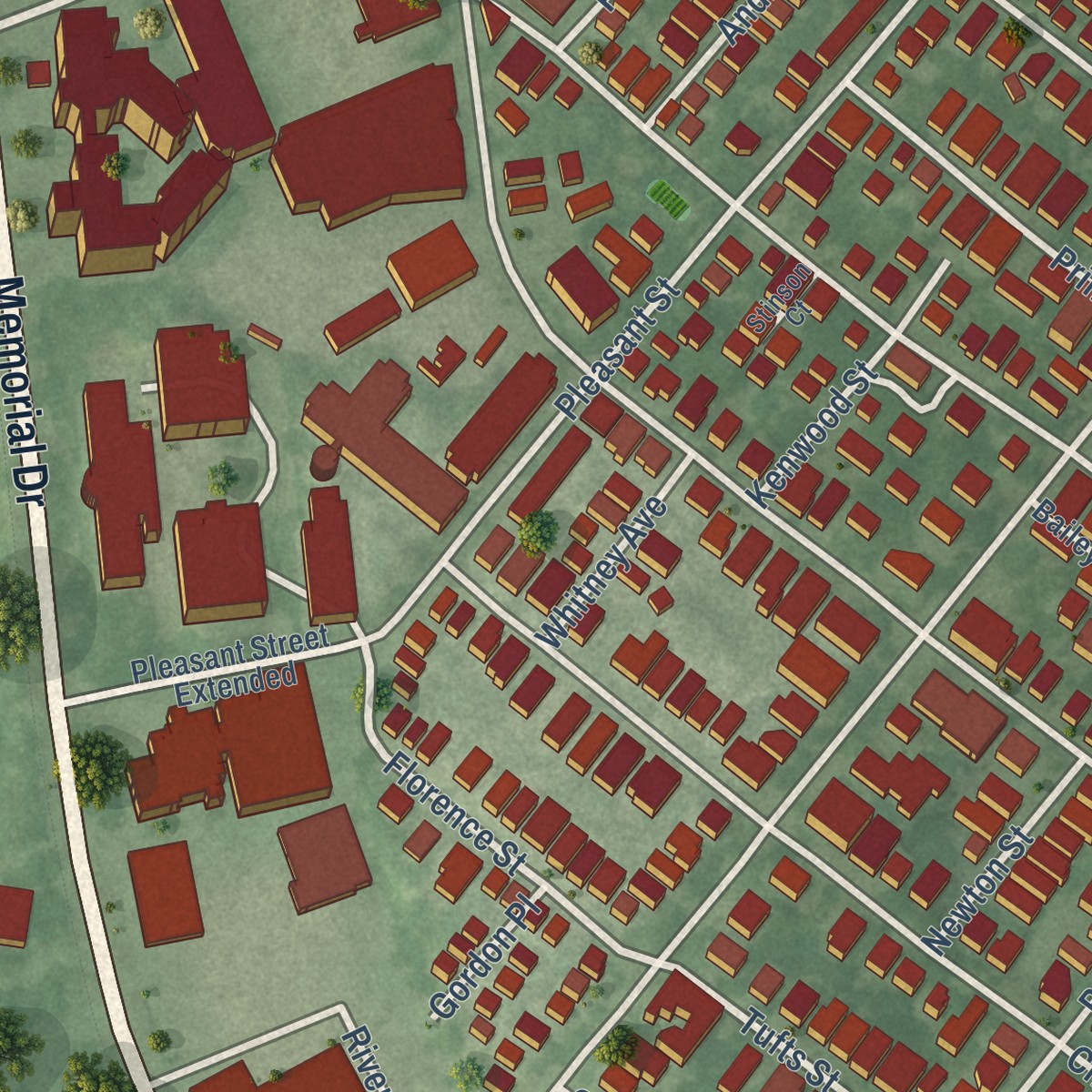 Second close-up of the map of Cambridgeport, Massachusetts print showing more streets and buildings