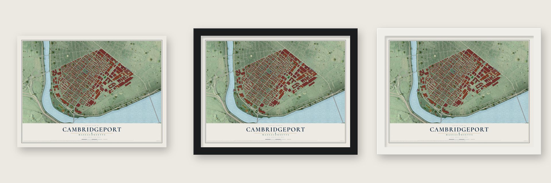Cambridgeport, Massachusetts map unframed, in a black wood frame and in a white wood frame