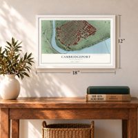 Cambridgeport, Massachusetts map, 12 x 18 inch print in a white frame in an entryway