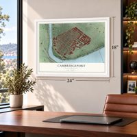 Cambridgeport, Massachusetts map, 18 x 24 inch print in a white frame in a home office