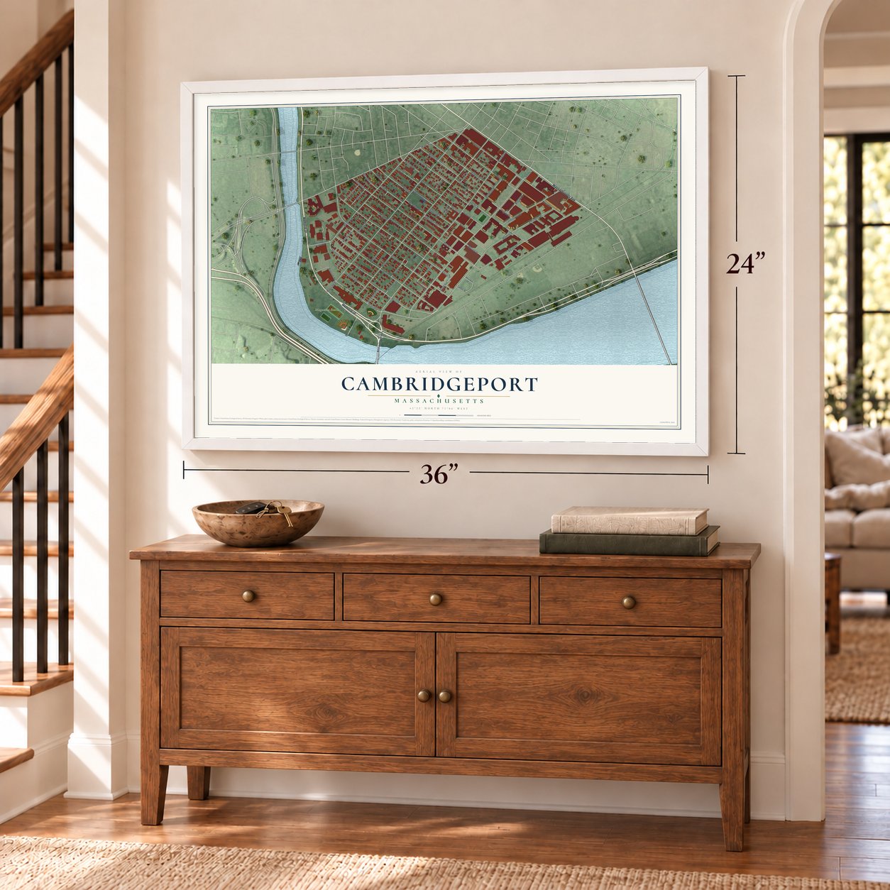 Cambridgeport, Massachusetts map, 24 x 36 inch print in a white frame above a dresser by a staircase