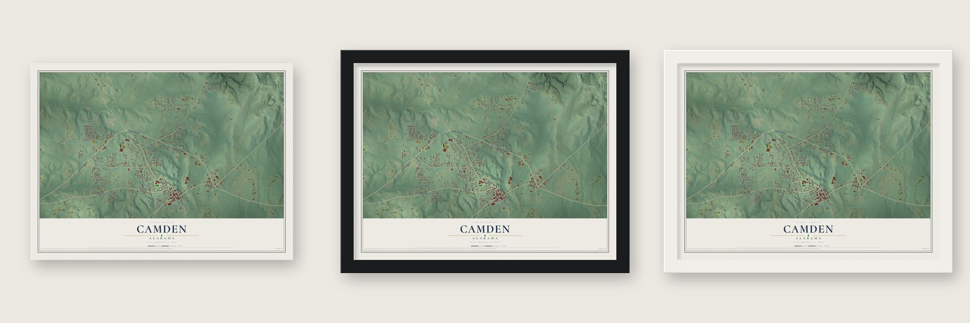 Camden, Alabama map unframed, in a black wood frame and in a white wood frame