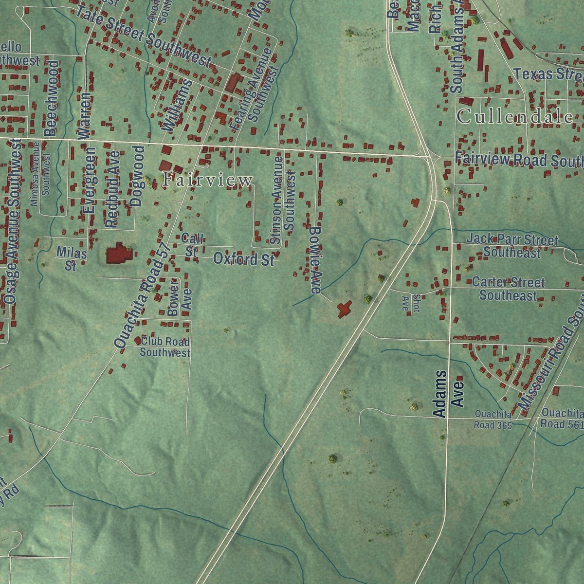 Second close-up of the map of Camden, Arkansas print showing more streets and buildings