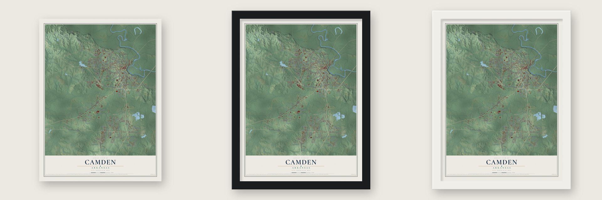 Camden, Arkansas map unframed, in a black wood frame and in a white wood frame