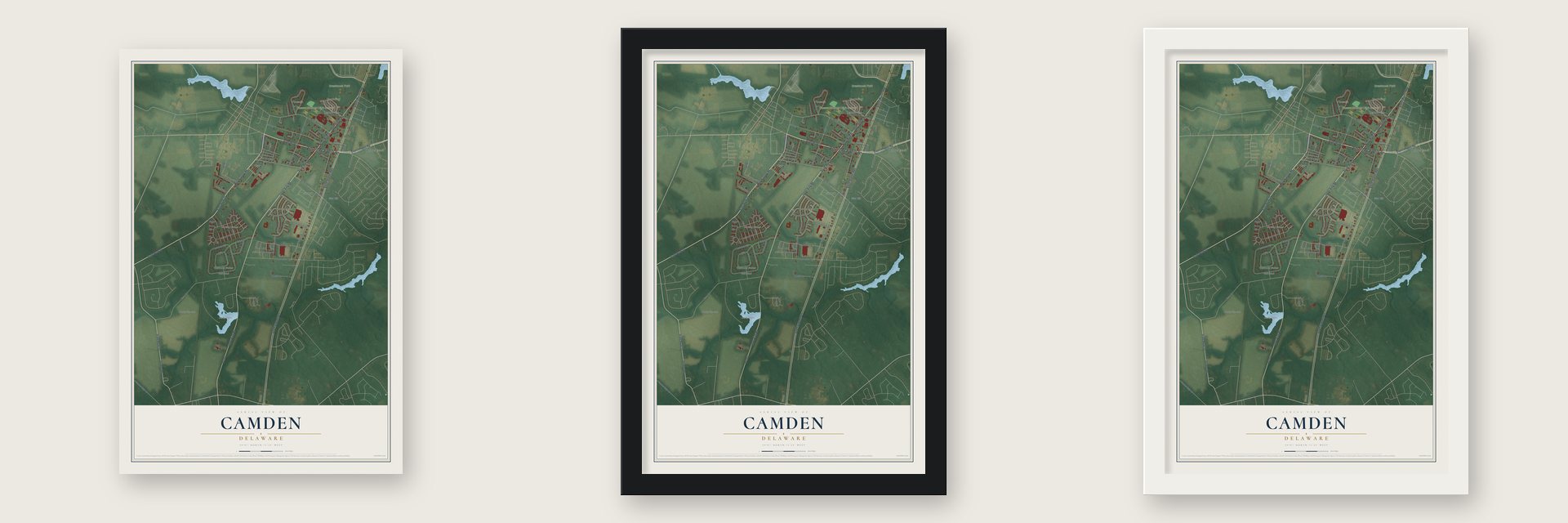 Camden, Delaware map unframed, in a black wood frame and in a white wood frame