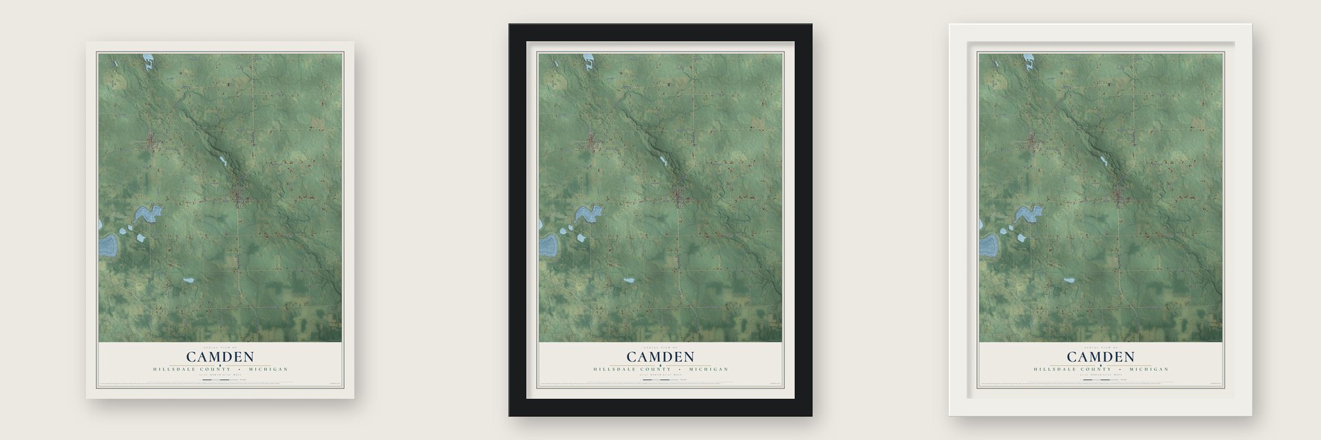Camden, Hillsdale County, Michigan map unframed, in a black wood frame and in a white wood frame