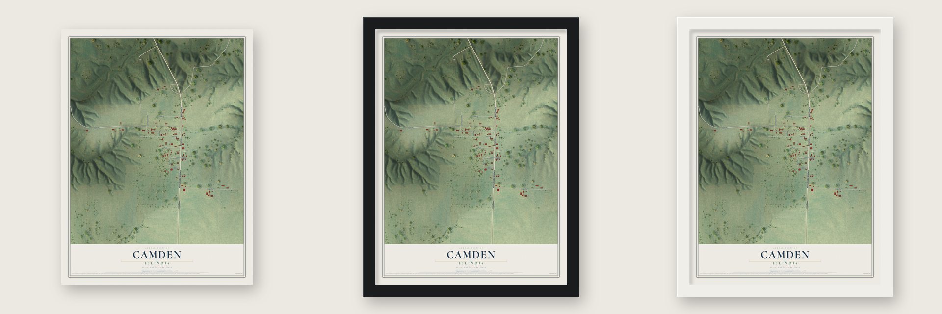 Camden, Illinois map unframed, in a black wood frame and in a white wood frame